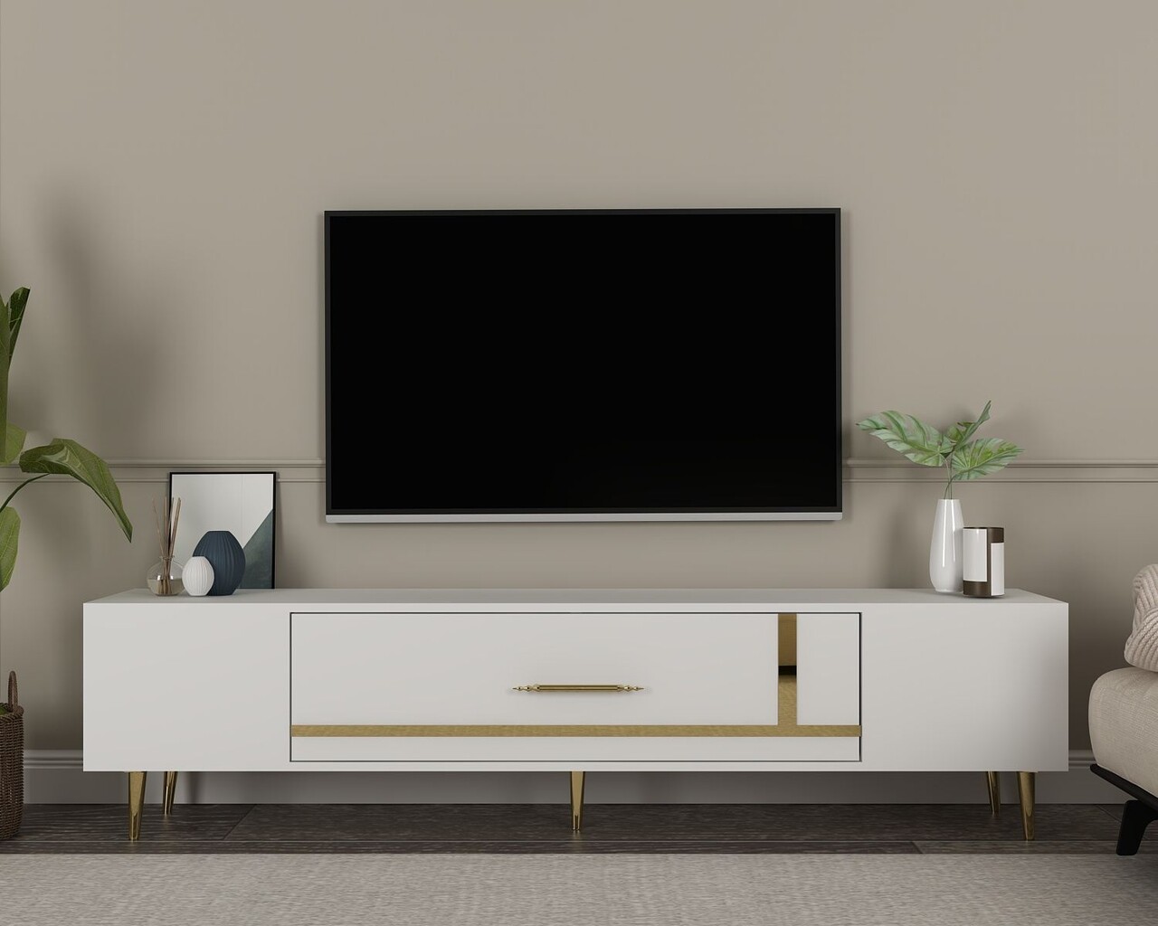Comoda TV, Hanah Home, Dekop1, 150x48.2x29.6 cm, Alb/Auriu - imagine 7